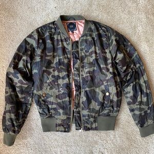 Camo Insulated Bomber Jacket with Pink Lining